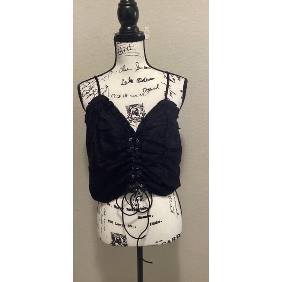 Shein Black Ruched Lace-Up Front Cropped Tank Top W/ Adjustable Spaghetti Straps - Picture 1 of 4
